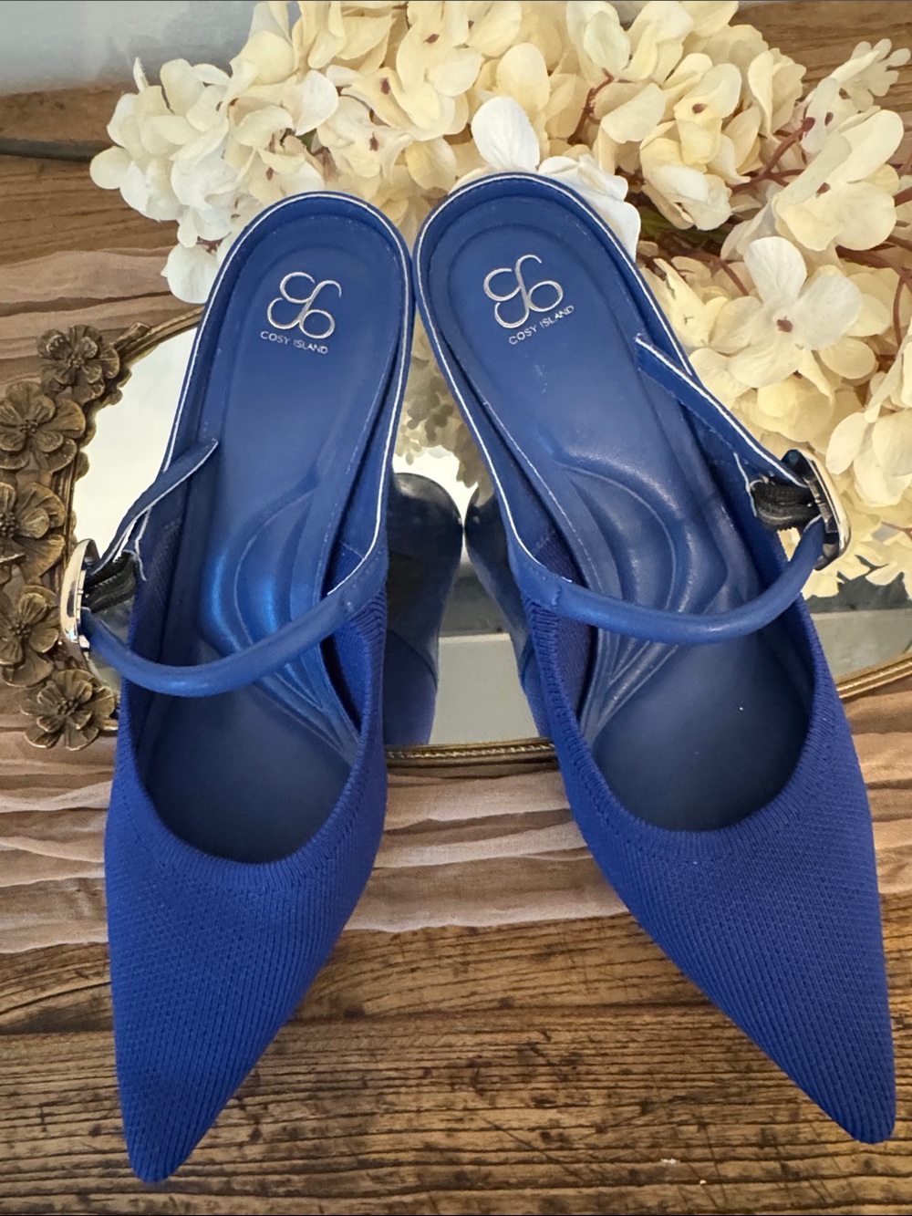 Gianni Bini Royal Blue Pointed-Toe Slingback Heels with Gold Buckle